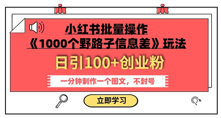 小红书批量操作《1000个野路子信息差》玩法，一分钟制作一个图文，不封号，日引100+创业粉_微雨项目网