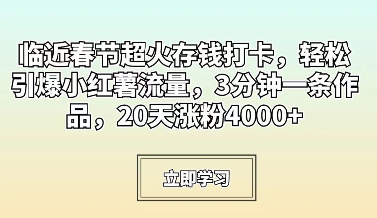 临近春节超火存钱打卡，轻松引爆小红薯流量，3分钟一条作品，20天涨粉4000+【揭秘】_微雨项目网