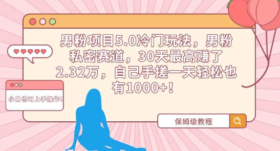 男粉项目5.0冷门玩法，男粉私密赛道，30天最高赚了2.32万，自己手搓一天轻松也有1000+【揭秘】_微雨项目网