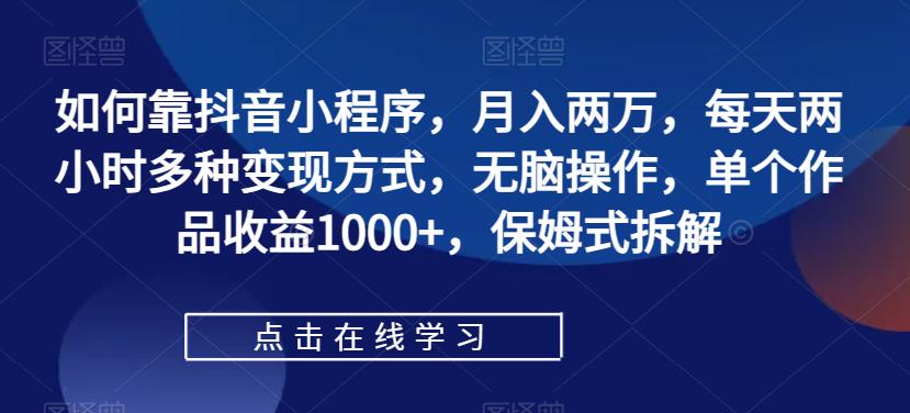 如何靠抖音小程序，月入两万，每天两小时多种变现方式，无脑操作，单个作品收益1000+，保姆式拆解_微雨项目网