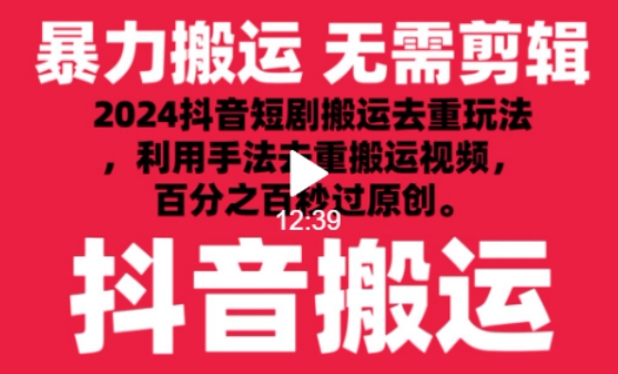 2024最新抖音搬运技术，抖音短剧视频去重，手法搬运，利用工具去重，达到秒过原创的效果【揭秘】_微雨项目网