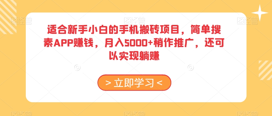 适合新手小白的手机搬砖项目，简单搜素APP赚钱，月入5000+稍作推广，还可以实现躺赚【揭秘】_微雨项目网