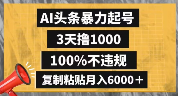 AI头条暴力起号，3天撸1000,100%不违规，复制粘贴月入6000＋【揭秘】_微雨项目网