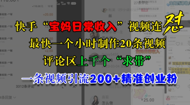 快手“宝妈日常收入”视频连怼，一个小时制作20条视频，评论区上千个“求带”，一条视频引流200+精准创业粉_微雨项目网