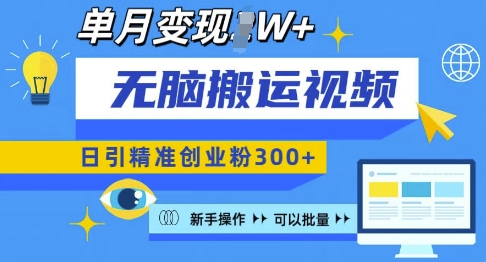 无脑搬运视频号可批量复制，新手即可操作，日引精准创业粉300+，月变现过W 【揭秘】_微雨项目网