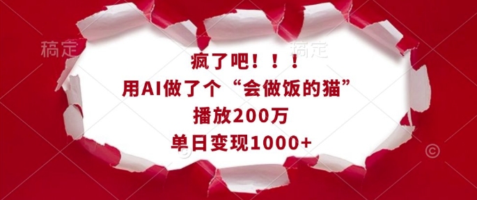 疯了吧！用AI做了个“会做饭的猫”，播放200万，单日变现1k_微雨项目网