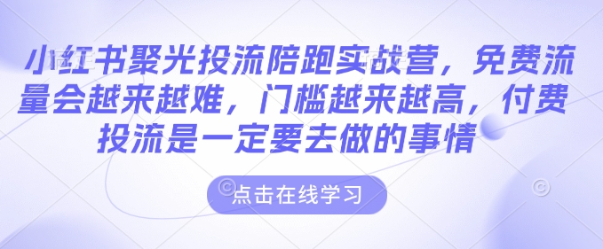 小红书聚光投流陪跑实战营，免费流量会越来越难，门槛越来越高，付费投流是一定要去做的事情_微雨项目网