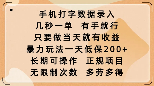 手机打字数据录入，几秒一单，有手就行，只要做当天就有收益，暴力玩法一天低保2张_微雨项目网