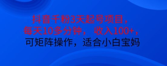 抖音干粉3天起号项目，每天10多分钟，收入100+，可矩阵操作，适合小白宝妈_微雨项目网